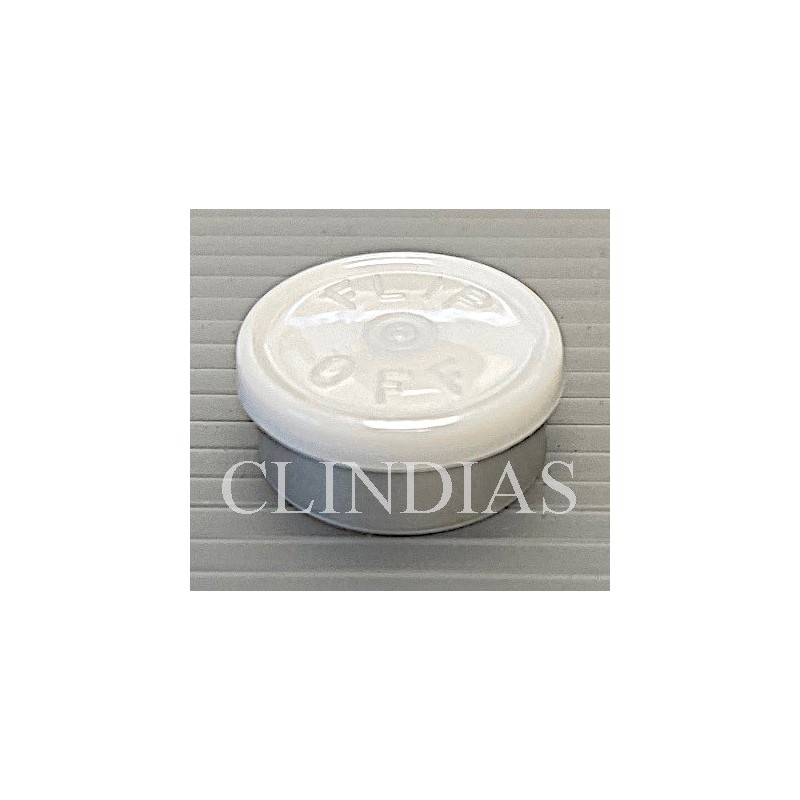 White 20mm Flip Off® Vial Seals, Pack of 100. Manufactured in the USA by West Pharmaceutical Services.