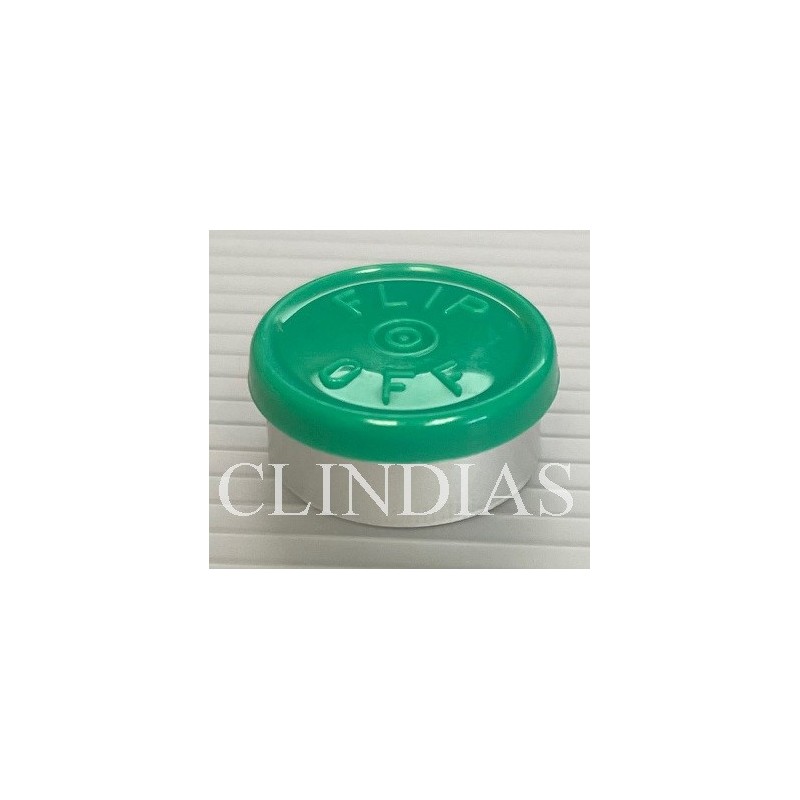 Green 20mm Flip Off® Vial Seals, Bag of 1000. Manufactured by West Pharmaceutical Services.